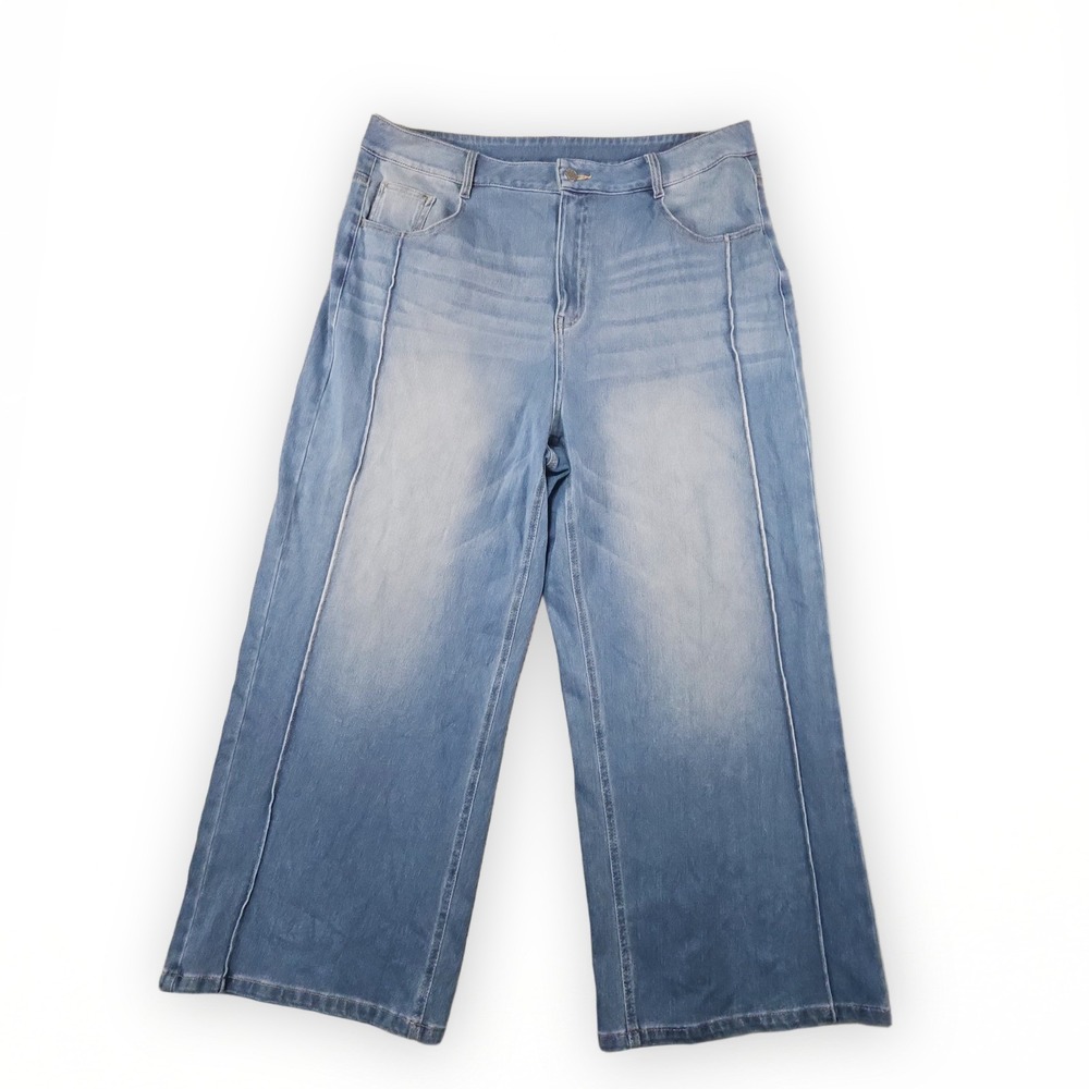 Halara Jeans Womens XL High-Rise Wide-Leg Baggy Ankle Cropped Faded Light Wash